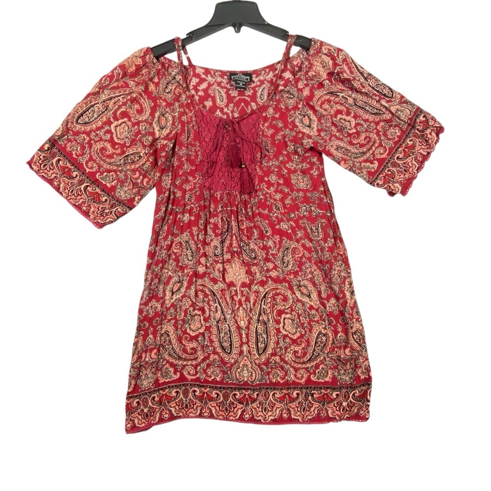 Angie Paisley Boho Tunic Women's M Maroon Cold Shoulder Bell Sleeves Tassels Tie